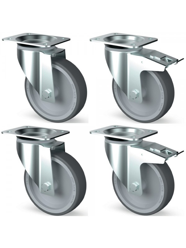 Kit of 4 stainless steel castors, swiveling, 2x brakes