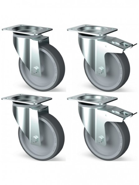 Kit of 4 stainless steel castors, swiveling, 2x brakes