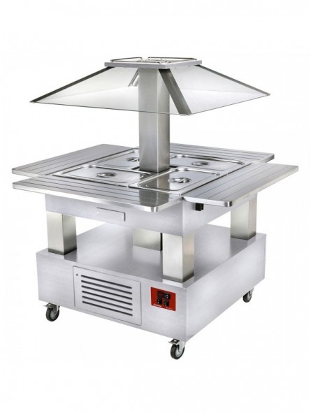 Ilot buffet chauffant, bain marie, 4x GN1/1-150 (Bois Blanc)