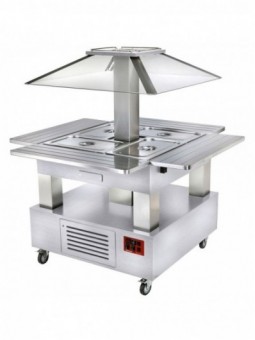 Island bain-marie warm buffet, motorized roof 4x GN1/1-150 (white wood)