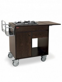 Flambé trolley, 2 gas burners, "Wengé", with wheels 2w/brakes