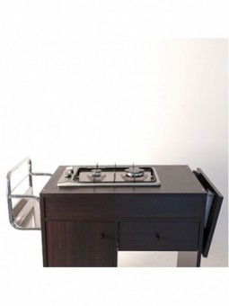 Flambé trolley, 2 gas burners, "Wengé", with wheels 2w/brakes