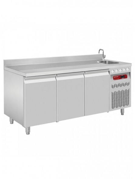 Table frigorifique "murale" ventilée, 3 portes GN 1/1, 405 Lit. avec évier