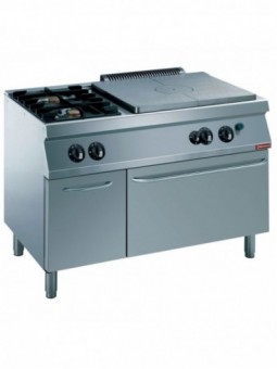 Fornuis 2 vuren, 1 doorkookplaat, gasoven GN 2/1, neutrale kast