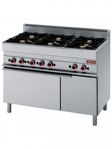Range with 6 open burners on gas oven and neutral cupboard