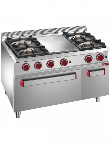 Gas solid top 4 burners, plate with gas oven GN 2/1, cupboard GN 1/1