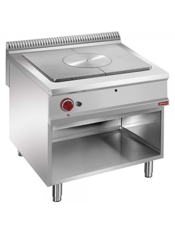 Solid top gas stove, open cupboard
