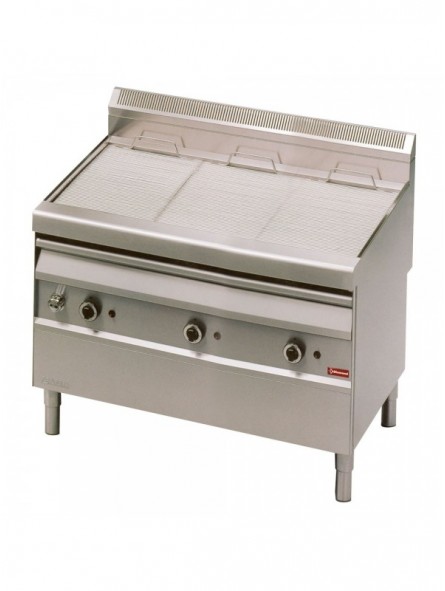 Gas steam grill with cooking grid in -O- on cabinet