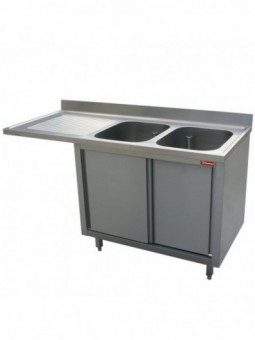 Sink 2 tanks 500x500x325 left draining board on cupboard 2 sliding doors and space dishwasher