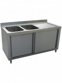 Sink 2 tanks 600x500xh325, right draining board on cupboard 2 sliding doors