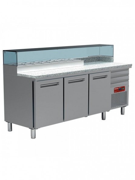 Cooling table for pizzeria, 3 doors 600x400, 3 neutral drawers 600x400, refrigerated structure 8x GN 1/4