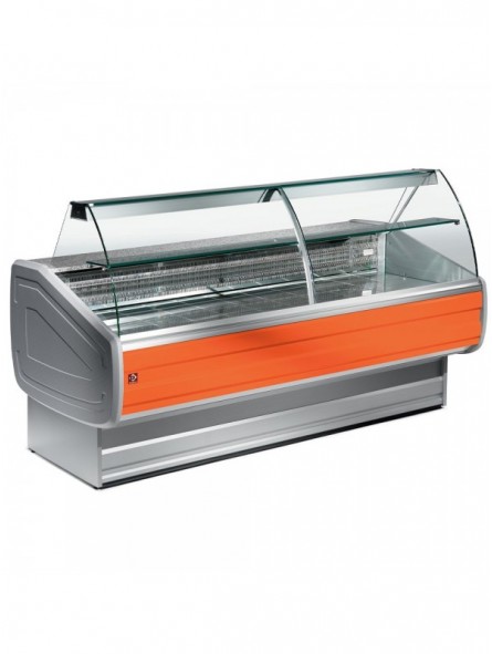 Refrigerated display counter, curved glass with storage space