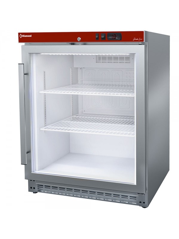 Ventilated refrigerator, glass door, 150 liters. stainless steel