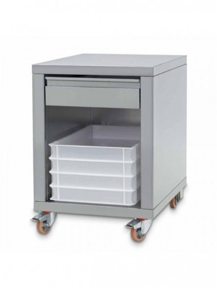 Stainless steel support + drawer, on wheels, for forming machines
