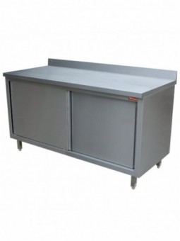 Table on neutral cupboard, sliding doors, wall