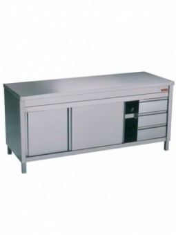 Table on neutral cupboard and 3 drawers on the right
