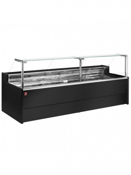 Geventileerde gekoelde vitrinetoonbank- met recht frontglas 90° met reserve - ZWART