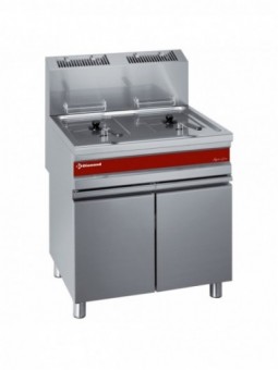 Gas fryer, two 15-liters tank on cupboard