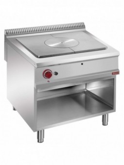 Solid top gas stove, open cupboard