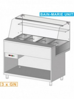 Comptoir vitrine chauffante "bain marie" 3x GN, vitre haute, statique, sans réserve