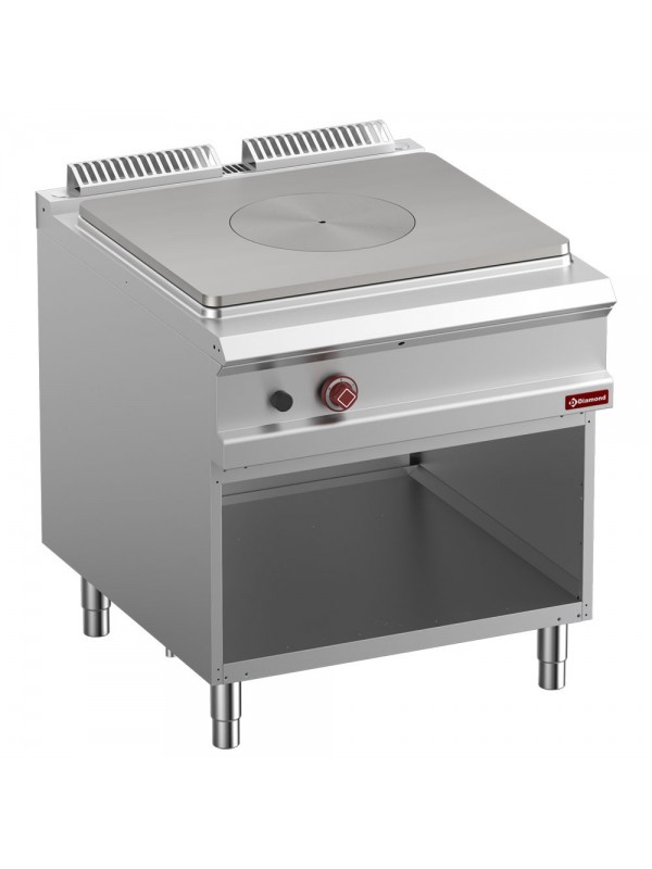 Solid top gas stove, open cupboard