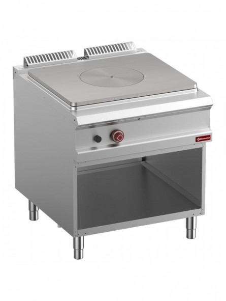 Solid top gas stove, open cupboard