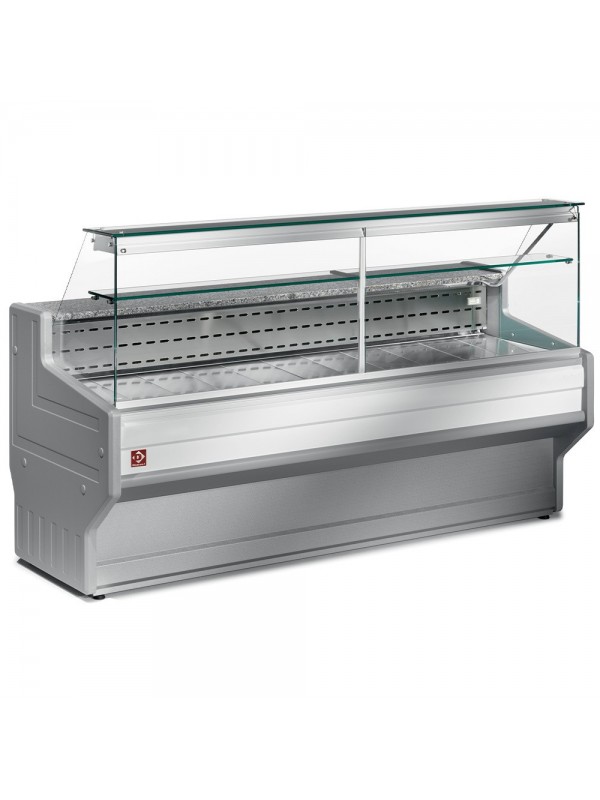 Refrigerated display counter with straight glass panel 90°, with reserve