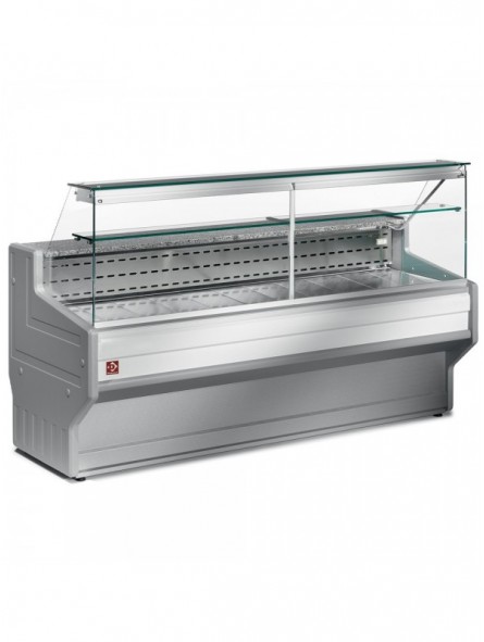 Refrigerated display counter with straight glass panel 90°, with reserve